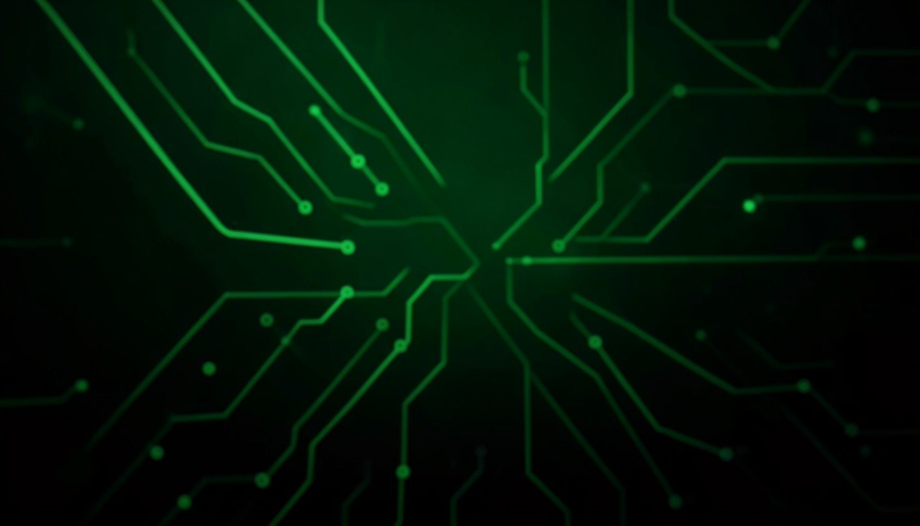 Abstract digital illustration of glowing green circuit board lines converging toward a central vanishing point on a dark background