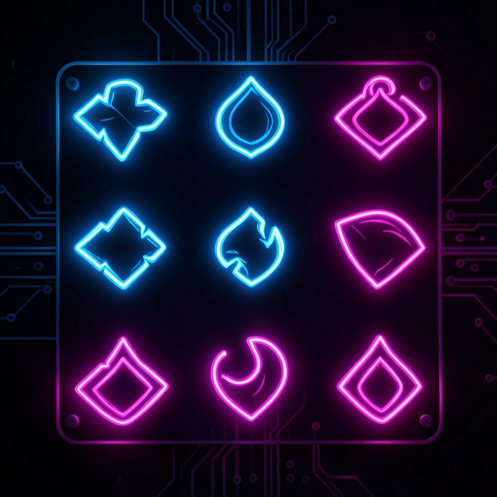 Grid of nine neon-outlined shapes in blue and pink on a dark circuit-board background