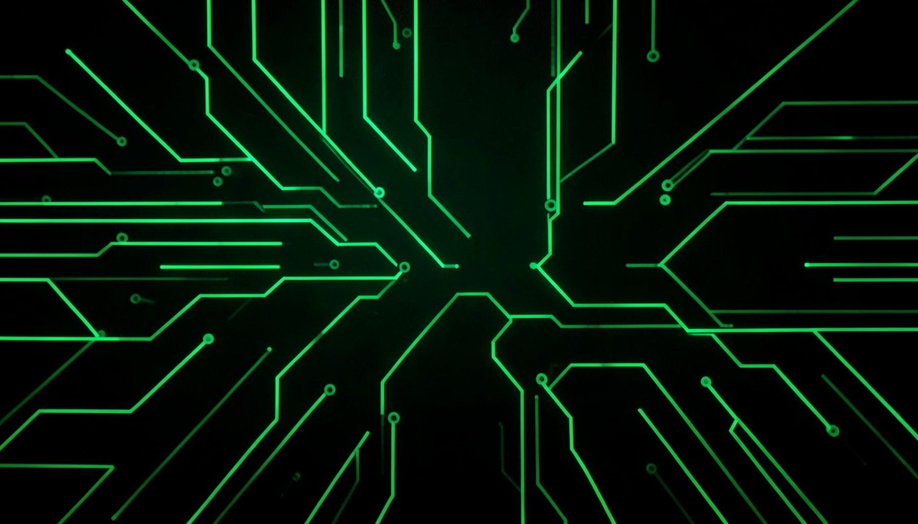 Abstract glowing green circuit-board pattern with converging lines and nodes on a black background, futuristic and energetic mood